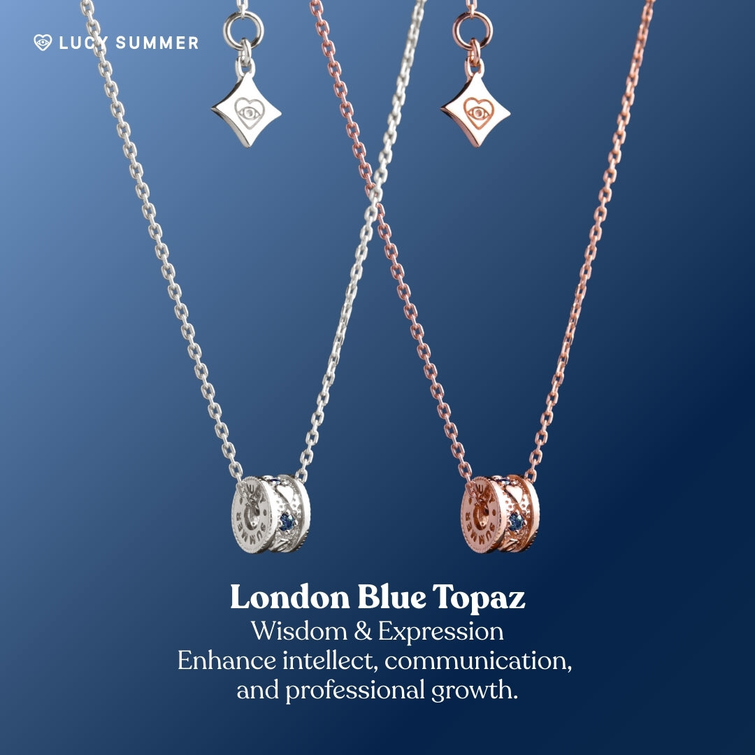 LunaOne-Mini-London Blue Topaz Two necklaces with charms on a blue background, featuring London Blue Topaz stones.