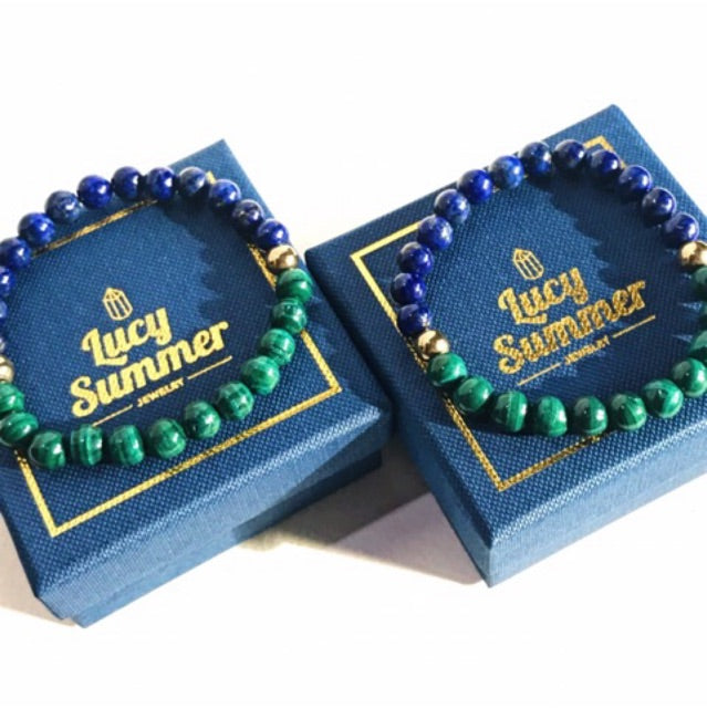 LUCY SUMMER กำไลข้อมือหินแท้ Lapislazuli, Malachite, Pyrite (กำไลหินแท้ รับประกันหินแท้)