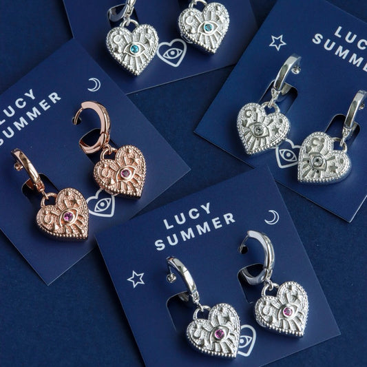 LUCYSUMMER ต่างหูห่วง ห้อยจี้รูปหัวใจ ฝังพลอย เงินแท้ (รุ่น LUNA LOVE Earrings Silver 925)
