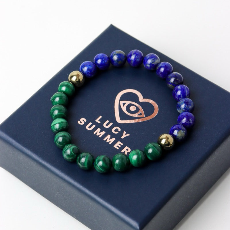 LUCY SUMMER กำไลข้อมือหินแท้ Lapislazuli, Malachite, Pyrite (กำไลหินแท้ รับประกันหินแท้)