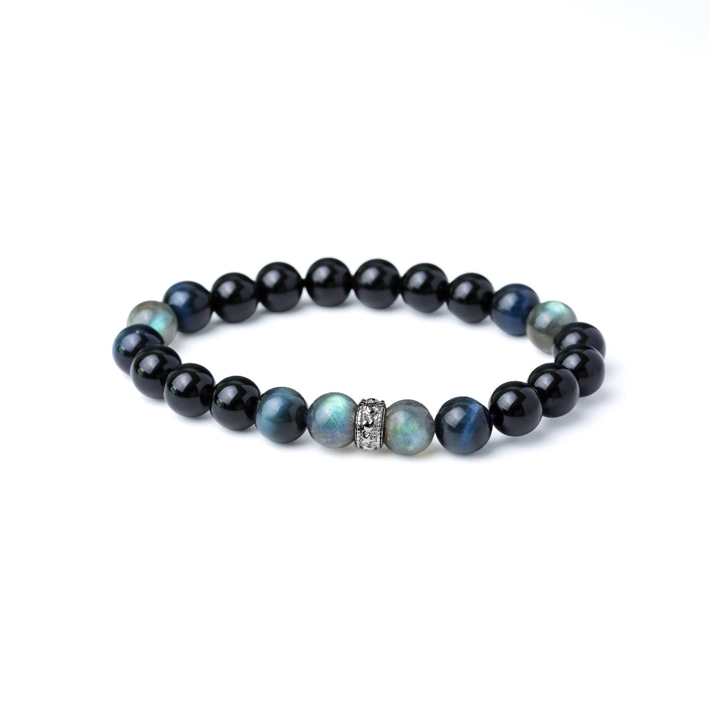 LUCY SUMMER กำไลข้อมือหินแท้ Labradorite, Blue tiger eye และ Onyx ขนาด 8 มม. พร้อมตัวคั่น Spacer