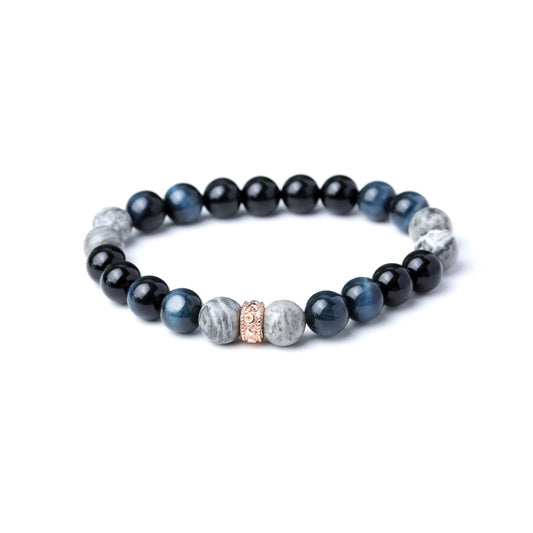 LUCYSUMMER BLUE SILVER BLACK 8 mm (กำไลหินแท้ บลูไทเกอร์อาย ,Silver agate, Onyx)