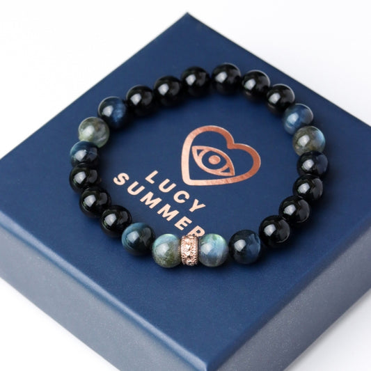 LUCYSUMMER กำไลข้อมือหินแท้ Labradorite, Blue tiger eye และ Onyx ขนาด 8 มม. พร้อมตัวคั่น Spacer