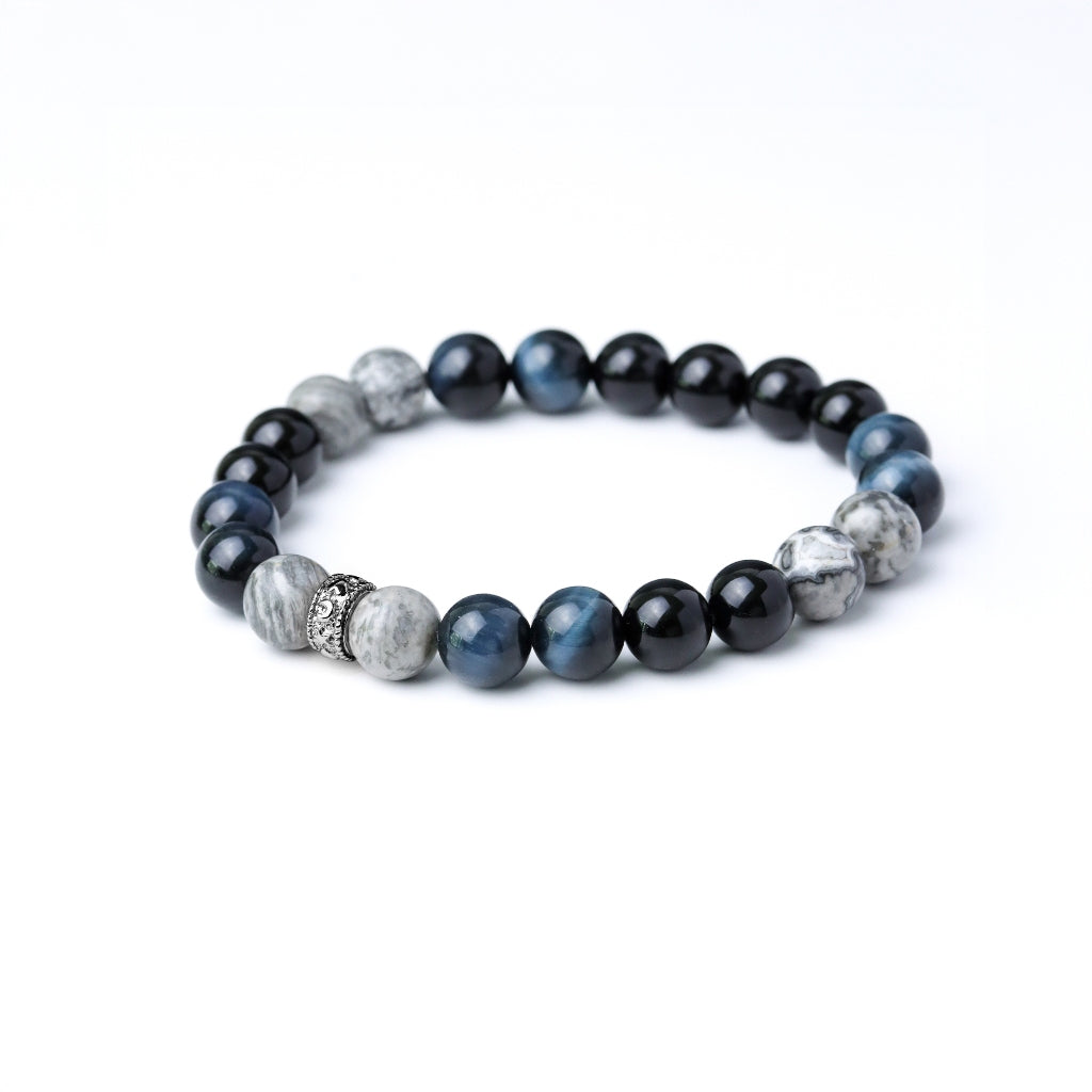 LUCYSUMMER BLUE SILVER BLACK 8 mm (กำไลหินแท้ บลูไทเกอร์อาย ,Silver agate, Onyx)