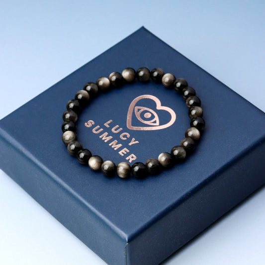 LUCYSUMMER กำไลข้อมือหินแท้ Silver Obsidian AAAAAAAA ขนาด 6-8 มม - ออบซิเดียน (กำไลหินแท้ รับประกันหินแท้)