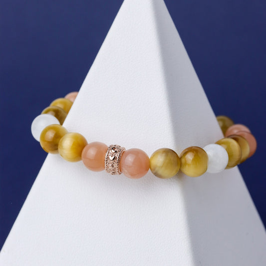LUCYSUMMER กำไลข้อมือหินแท้ Tiger Eye, Peach Moonstone, Moonstone ขนาด 8 มม พร้อมตัวคั่น Silver 925