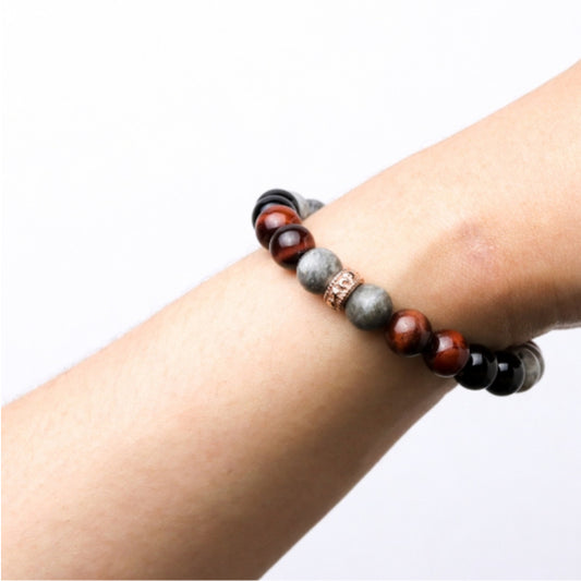 LUCYSUMMER กำไลข้อมือหินแท้ RED SILVER BLACK 3 ชนิด ขนาด 8 มม. พร้อมตัวคั่น Spacer เงินแท้