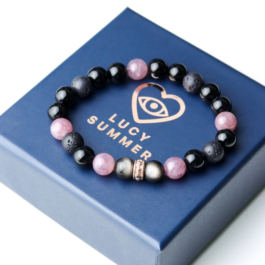LUCYSUMMER กำไลข้อมือหินแท้ Black Pink - Rose Quartz , Silver Obsidian, Lava และ Onyx ขนาด 8 มม. พร้อมตัวคั่น Spacer