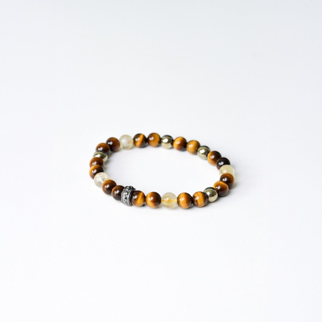 LUCYSUMMER Tiger Eye + Citrine + Pyrite กำไลข้อมือหินแท้ ขนาด 6 mm แต่งด้วยจี้ตัวคั่น Spacer เงินแท้ Silver 925
