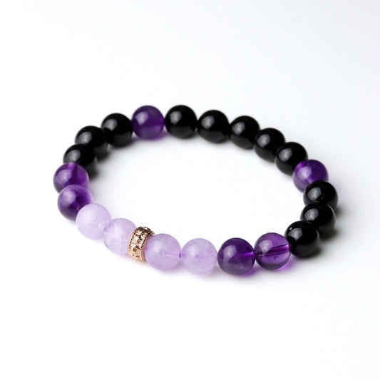 LUCYSUMMER กำไลข้อมือหินแท้ Black Violet - Amethyst, Lavender Amethyst และ Onyx ขนาด 8 มม. พร้อมตัวคั่น Spacer