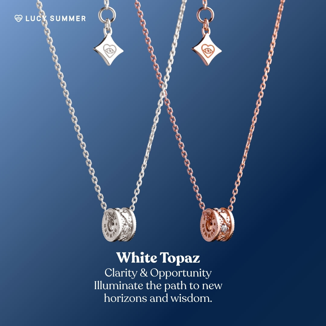 LunaOne-Mini-White Topaz Two necklaces with white topaz pendants on a blue background, featuring the brand 'Lucky Summer'.