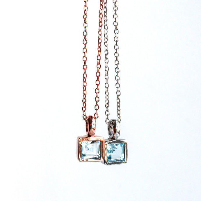 LUCY SUMMER Tiny Square Necklace สร้อยคอพร้อมจี้พลอยแท้ เจียรทรงสี่เหลี่ยม Silver 925