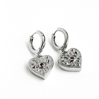 LUCY SUMMER ต่างหูห่วง ห้อยจี้รูปหัวใจ ฝังพลอย เงินแท้ (รุ่น LUNA LOVE Earrings Silver 925)