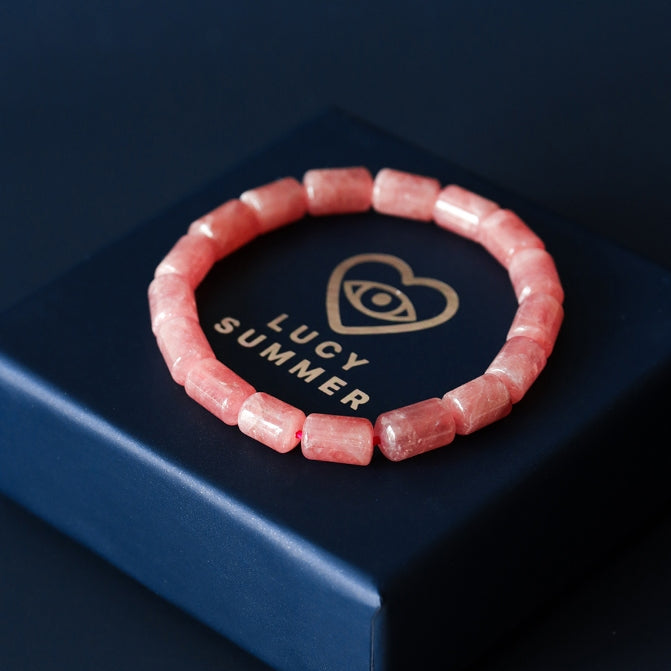 LUCY SUMMER กำไลข้อมือหินแท้ Rhodochrosite Block โรโดโครไซต์ เจียรรูปทรงกระบอก 8*12 mm