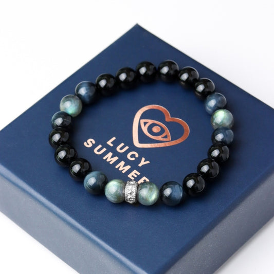 LUCY SUMMER กำไลข้อมือหินแท้ Labradorite, Blue tiger eye และ Onyx ขนาด 8 มม. พร้อมตัวคั่น Spacer