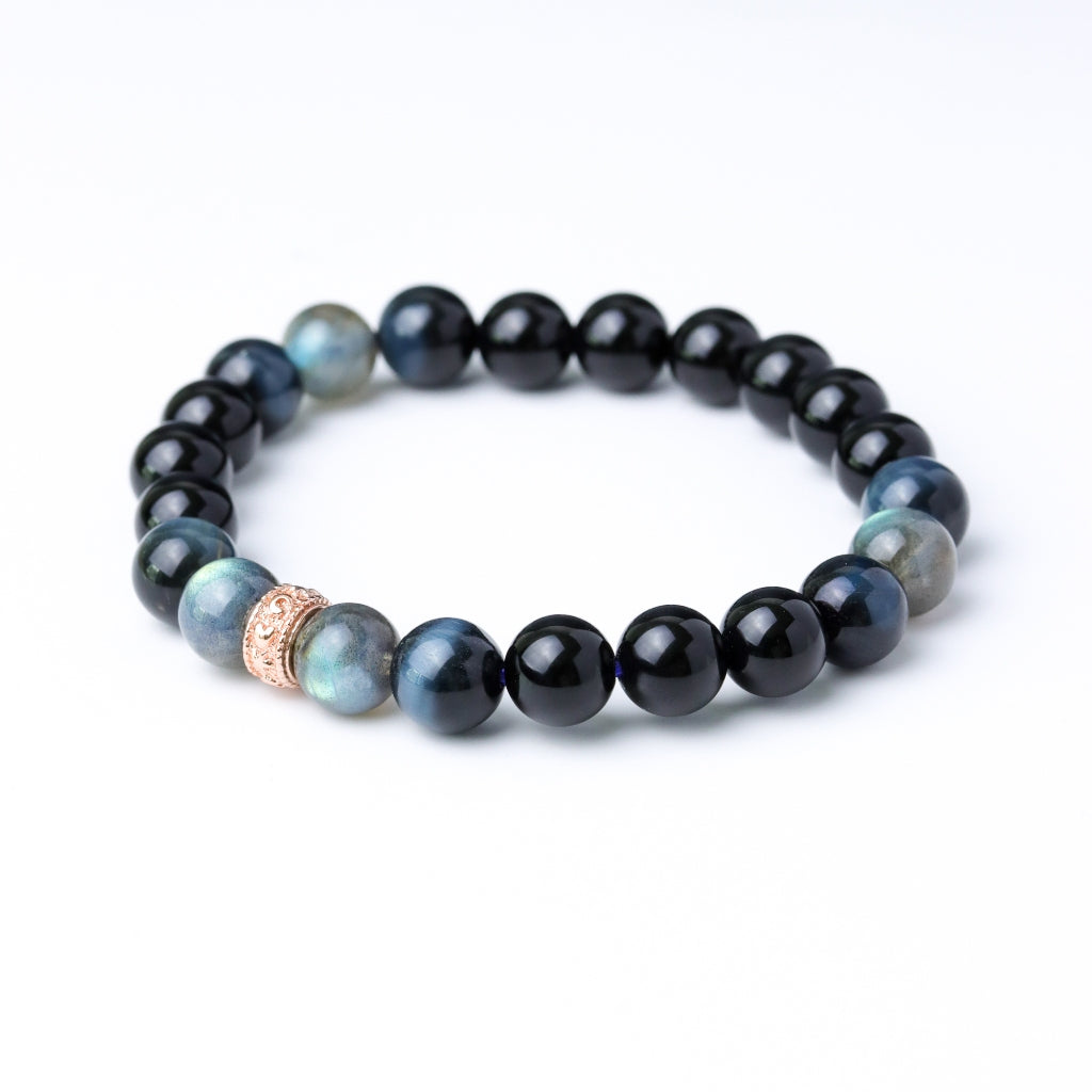 LUCY SUMMER กำไลข้อมือหินแท้ Labradorite, Blue tiger eye และ Onyx ขนาด 8 มม. พร้อมตัวคั่น Spacer