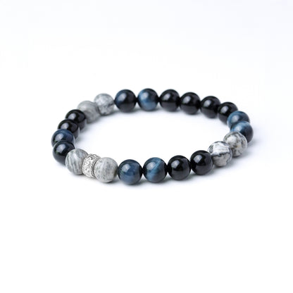 LUCY SUMMER BLUE SILVER BLACK (กำไลหินแท้ บลูไทเกอร์อาย ,Silver agate, Onyx)