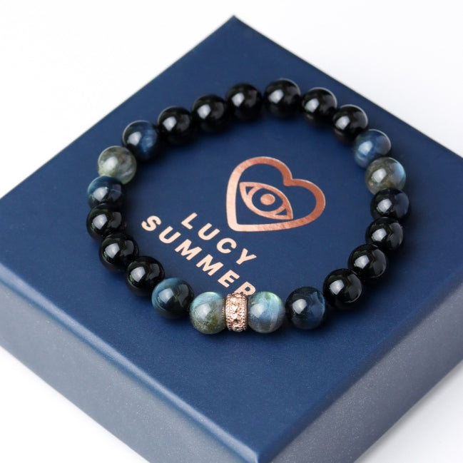 LUCY SUMMER กำไลข้อมือหินแท้ Labradorite, Blue tiger eye และ Onyx ขนาด 8 มม. พร้อมตัวคั่น Spacer