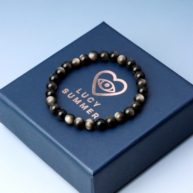 LUCYSUMMER กำไลข้อมือหินแท้ Silver Obsidian AAAAAAAA ขนาด 6-8 มม  - ออบซิเดียน (กำไลหินแท้ รับประกันหินแท้)