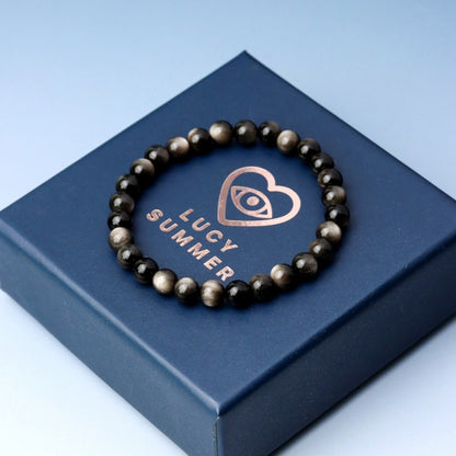 LUCYSUMMER กำไลข้อมือหินแท้ Silver Obsidian AAAAAAAA ขนาด 6-8 มม  - ออบซิเดียน (กำไลหินแท้ รับประกันหินแท้)
