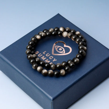 LUCYSUMMER กำไลข้อมือหินแท้ Silver Obsidian AAAAAAAA ขนาด 6-8 มม  - ออบซิเดียน (กำไลหินแท้ รับประกันหินแท้)