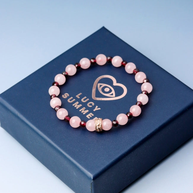 LUCY SUMMER กำไลหินแท้ Rose Quartz Madagascar + Garnet พร้อม Spacer