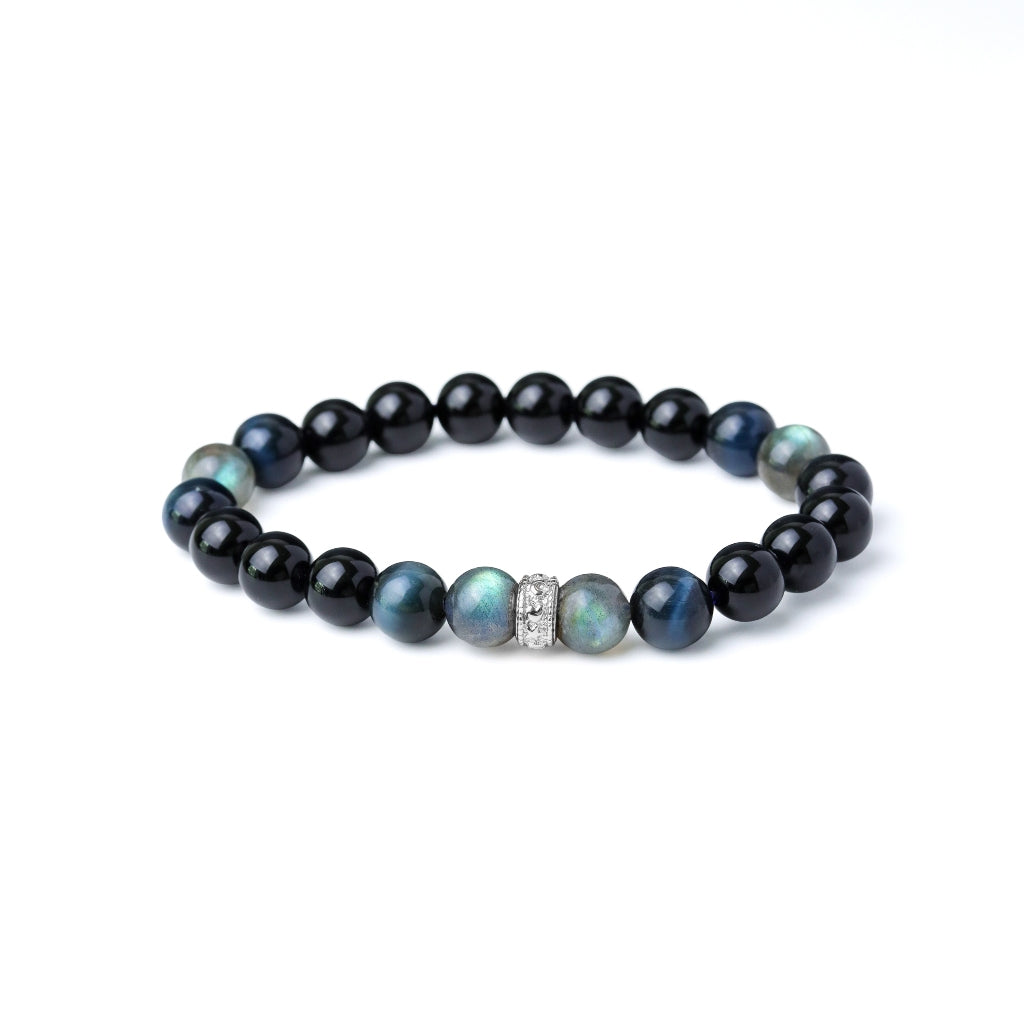 LUCY SUMMER กำไลข้อมือหินแท้ Labradorite, Blue tiger eye และ Onyx ขนาด 8 มม. พร้อมตัวคั่น Spacer