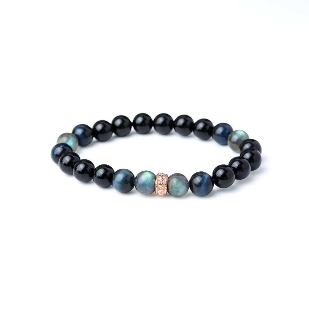 LUCY SUMMER กำไลข้อมือหินแท้ Labradorite, Blue tiger eye และ Onyx ขนาด 8 มม. พร้อมตัวคั่น Spacer