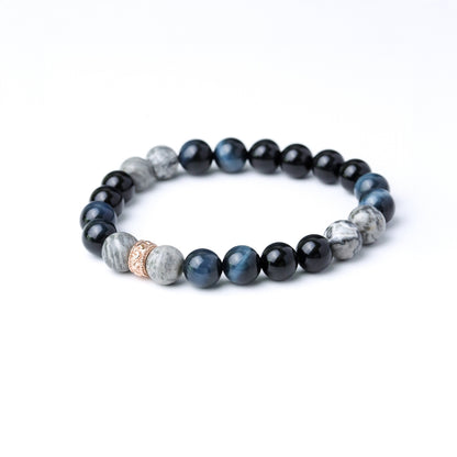 LUCY SUMMER BLUE SILVER BLACK (กำไลหินแท้ บลูไทเกอร์อาย ,Silver agate, Onyx)