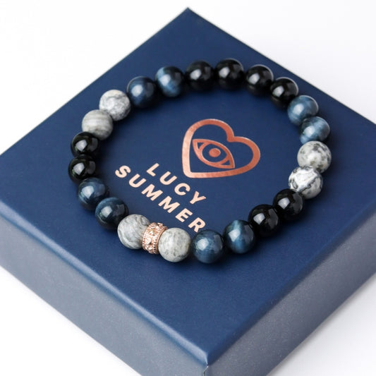 LUCY SUMMER BLUE SILVER BLACK (กำไลหินแท้ บลูไทเกอร์อาย ,Silver agate, Onyx)