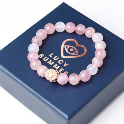 LUCY SUMMER กำไลหินแท้ Rose Quartz Madagascar และ Moonstone ขนาดหิน 8 มม พร้อมจี้เงินแท้