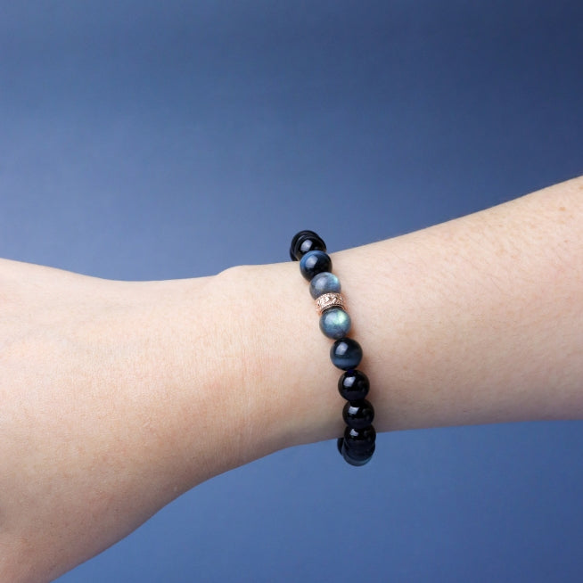 LUCY SUMMER กำไลข้อมือหินแท้ Labradorite, Blue tiger eye และ Onyx ขนาด 8 มม. พร้อมตัวคั่น Spacer