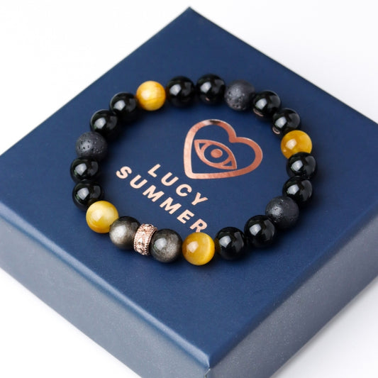 LUCY SUMMER กำไลข้อมือหินแท้ Obsidian, Golden Tiger Eye, Lava และ Onyx ขนาด 8 mm. พร้อม Spacer
