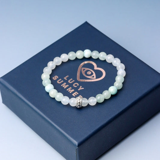 LUCY SUMMER กำไลข้อมือหินแท้ Larimar Aquamarine และ Moonstone ขนาด 6 มม.