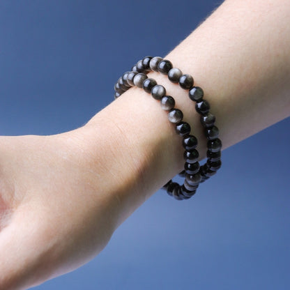 LUCYSUMMER กำไลข้อมือหินแท้ Silver Obsidian AAAAAAAA ขนาด 6-8 มม  - ออบซิเดียน (กำไลหินแท้ รับประกันหินแท้)