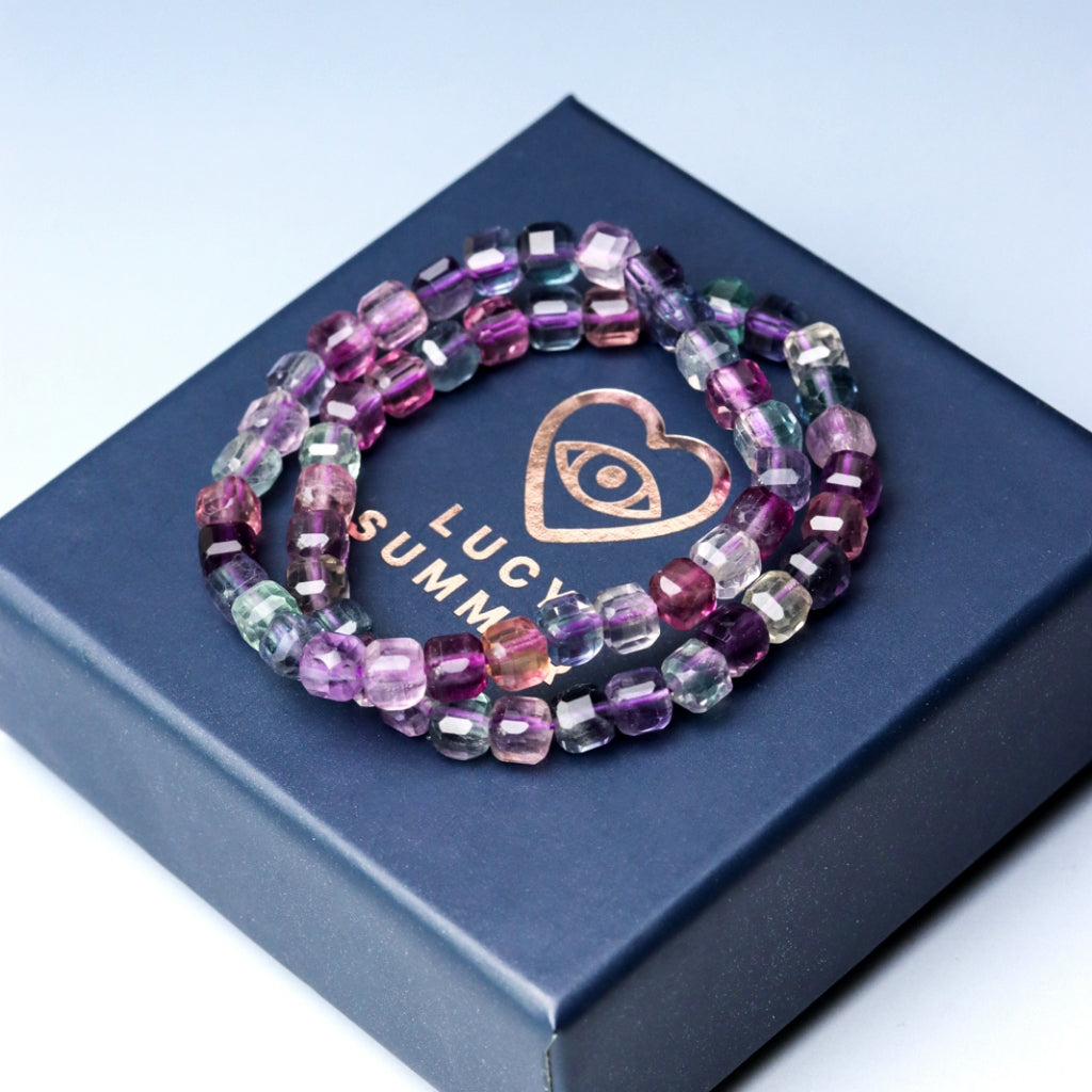 LUCY SUMMER กำไลข้อมือหินแท้ Multi-color Fluorite ฟูออไรท์ ขนาด 7 mm เหลี่ยม