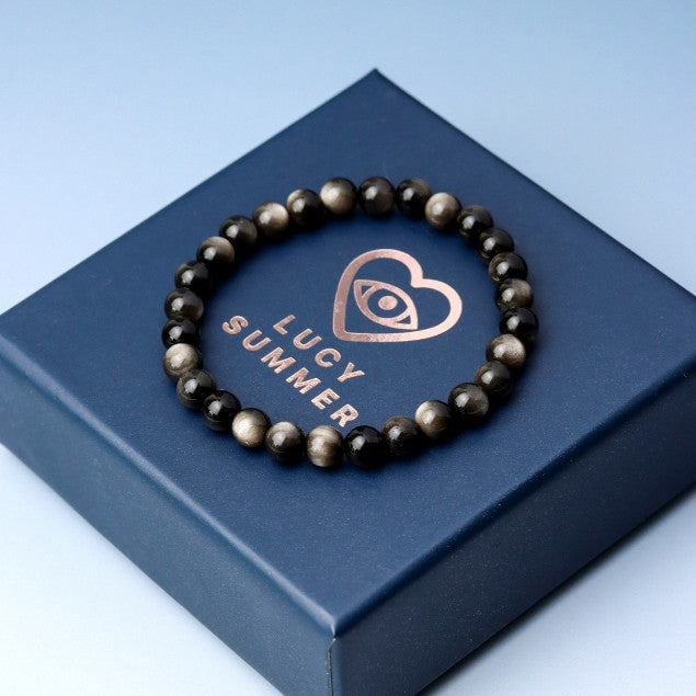 LUCYSUMMER กำไลข้อมือหินแท้ Silver Obsidian AAAAAAAA ขนาด 6-8 มม  - ออบซิเดียน (กำไลหินแท้ รับประกันหินแท้)