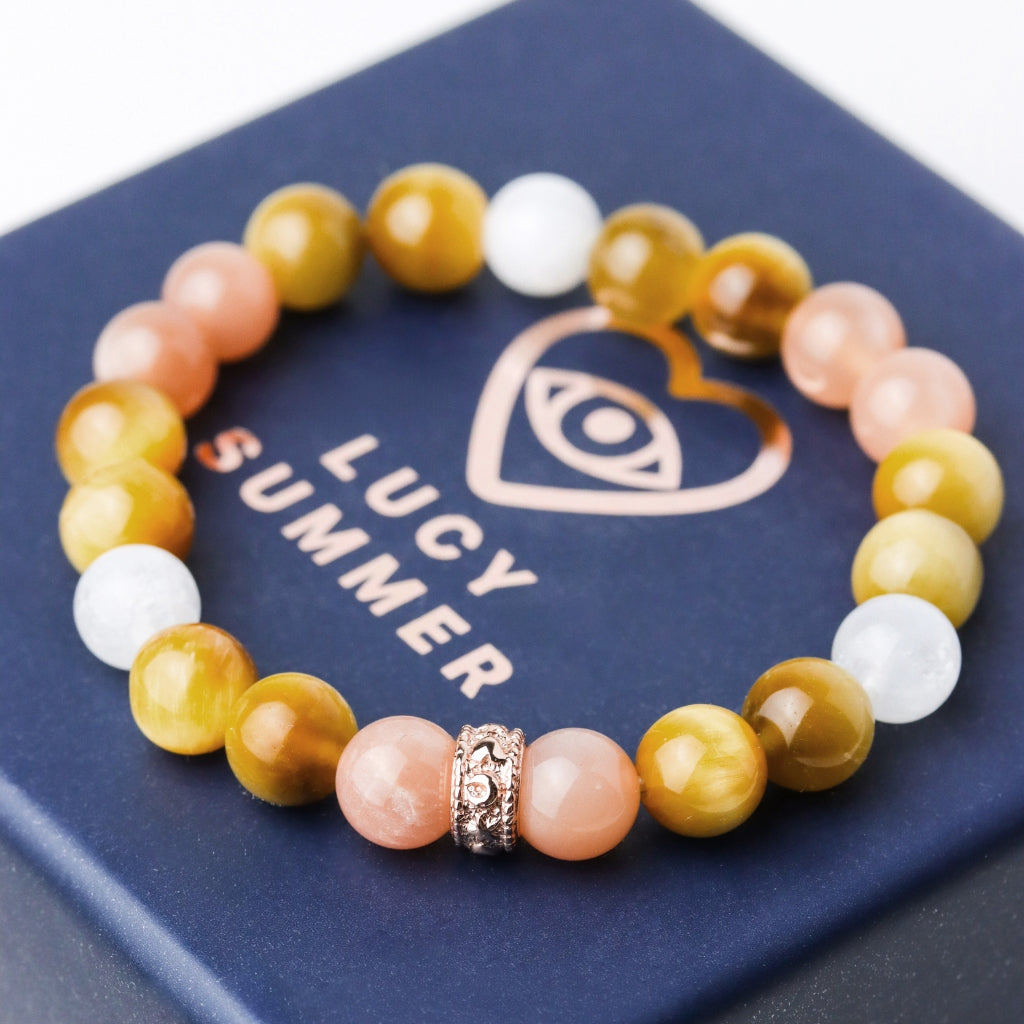LUCYSUMMER กำไลข้อมือหินแท้ Tiger Eye, Peach Moonstone, Moonstone ขนาด 8 มม พร้อมตัวคั่น Silver 925