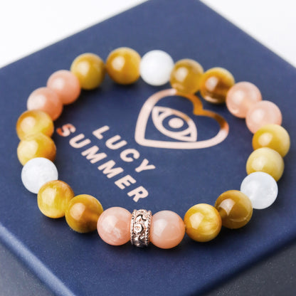 LUCYSUMMER กำไลข้อมือหินแท้ Tiger Eye, Peach Moonstone, Moonstone ขนาด 8 มม พร้อมตัวคั่น Silver 925