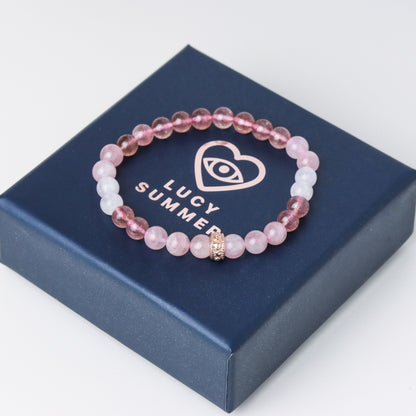 LUCY SUMMER Rose Quartz + Strawberry + Moonstone กำไลข้อมือหินแท้ 6/8mm จี้ตัวคั่น Spacer เงินแท้
