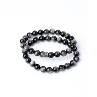 LUCYSUMMER กำไลข้อมือหินแท้ Silver Obsidian AAAAAAAA ขนาด 6-8 มม  - ออบซิเดียน (กำไลหินแท้ รับประกันหินแท้)