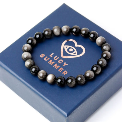 LUCYSUMMER กำไลข้อมือหินแท้ Silver Obsidian AAAAAAAA ขนาด 6-8 มม  - ออบซิเดียน (กำไลหินแท้ รับประกันหินแท้)
