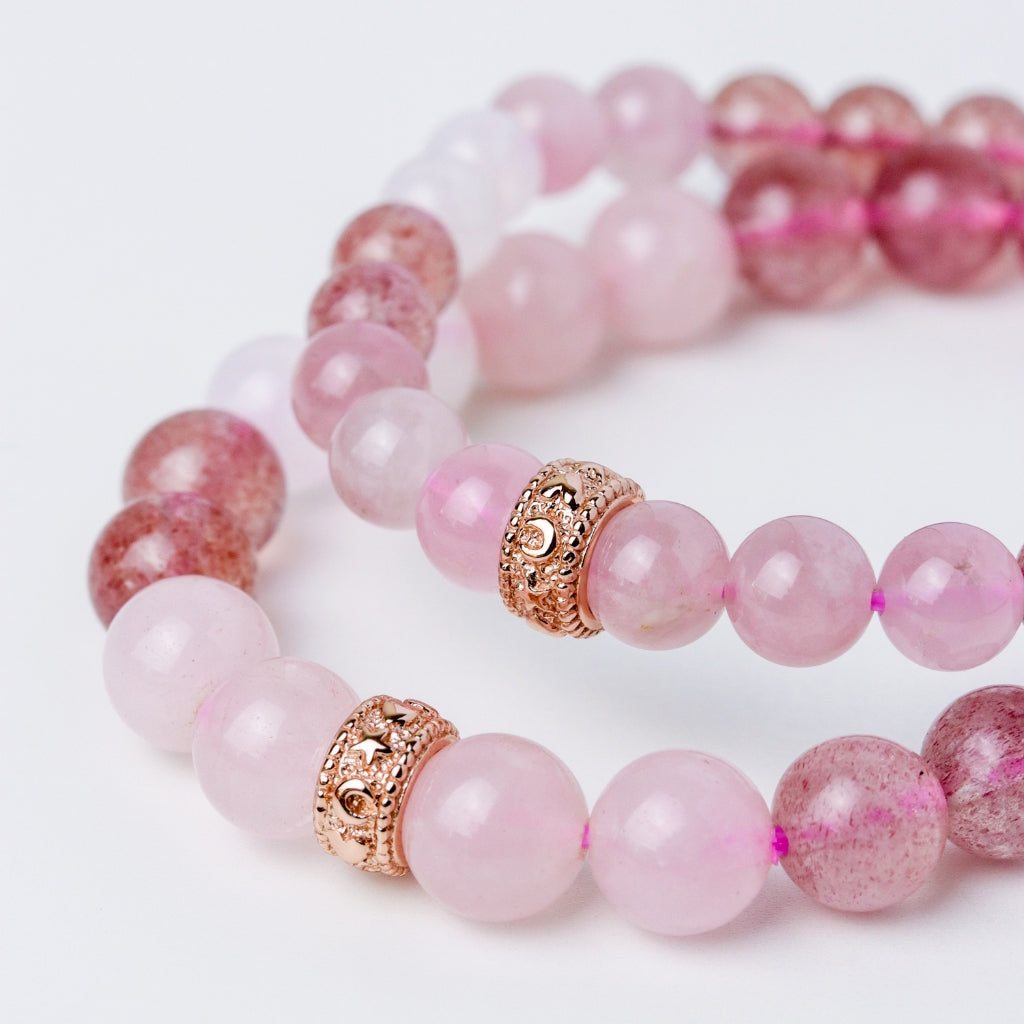LUCY SUMMER Rose Quartz + Strawberry + Moonstone กำไลข้อมือหินแท้ 6/8mm จี้ตัวคั่น Spacer เงินแท้