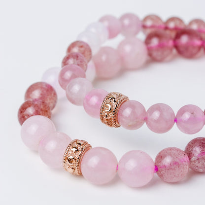 LUCY SUMMER Rose Quartz + Strawberry + Moonstone กำไลข้อมือหินแท้ 6/8mm จี้ตัวคั่น Spacer เงินแท้