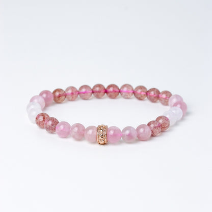 LUCY SUMMER Rose Quartz + Strawberry + Moonstone กำไลข้อมือหินแท้ 6/8mm จี้ตัวคั่น Spacer เงินแท้