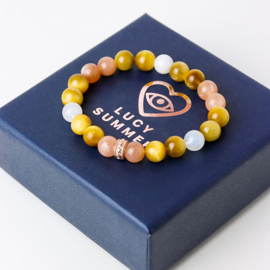 LUCYSUMMER กำไลข้อมือหินแท้ Tiger Eye, Peach Moonstone, Moonstone ขนาด 8 มม พร้อมตัวคั่น Silver 925