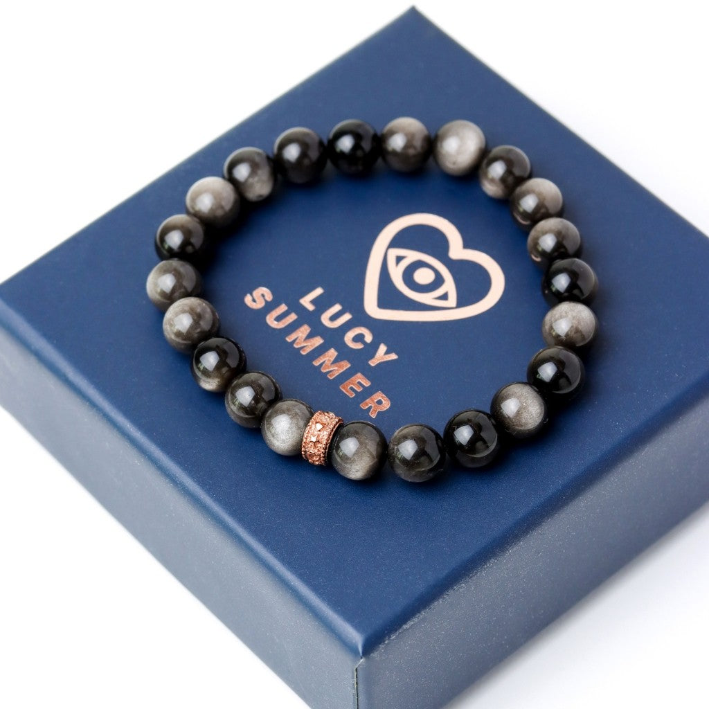 LUCYSUMMER กำไลข้อมือหินแท้ Silver Obsidian AAAAAAAA ขนาด 6-8 มม  - ออบซิเดียน (กำไลหินแท้ รับประกันหินแท้)