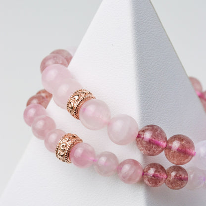 LUCY SUMMER Rose Quartz + Strawberry + Moonstone กำไลข้อมือหินแท้ 6/8mm จี้ตัวคั่น Spacer เงินแท้