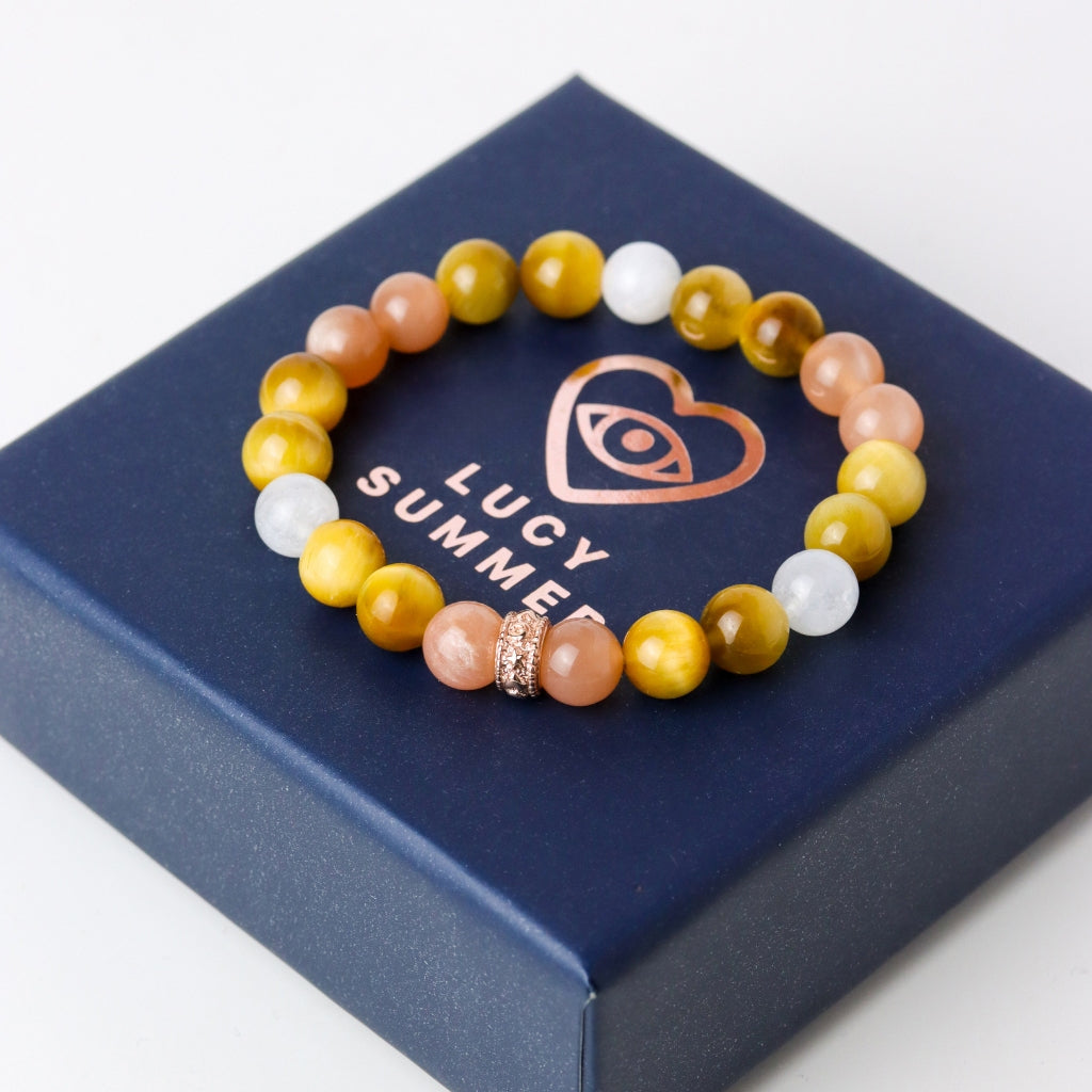 LUCYSUMMER กำไลข้อมือหินแท้ Tiger Eye, Peach Moonstone, Moonstone ขนาด 8 มม พร้อมตัวคั่น Silver 925