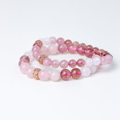 LUCY SUMMER Rose Quartz + Strawberry + Moonstone กำไลข้อมือหินแท้ 6/8mm จี้ตัวคั่น Spacer เงินแท้
